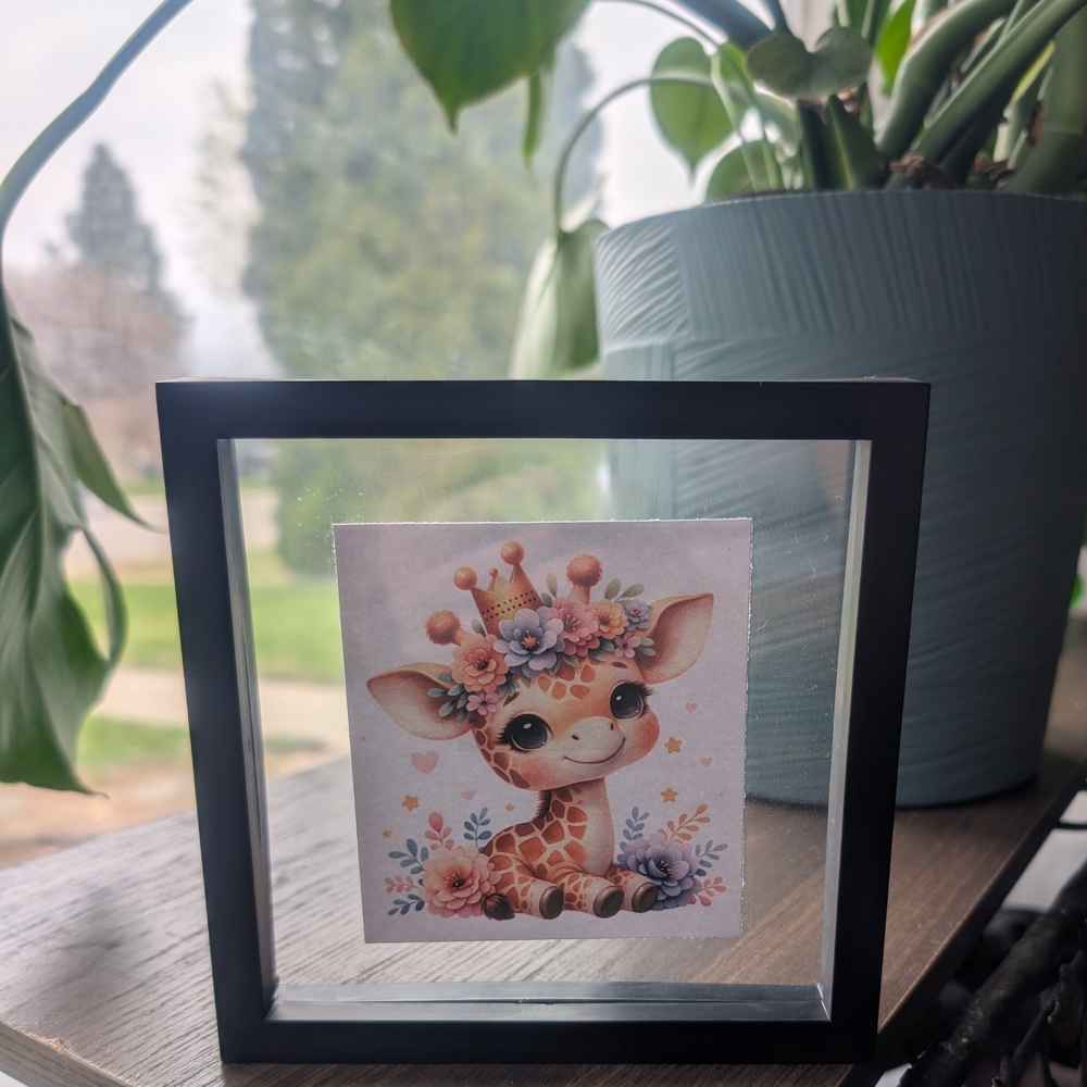 Nursery Art - Cute Baby Giraffe Floral Print in Black Floating Frame